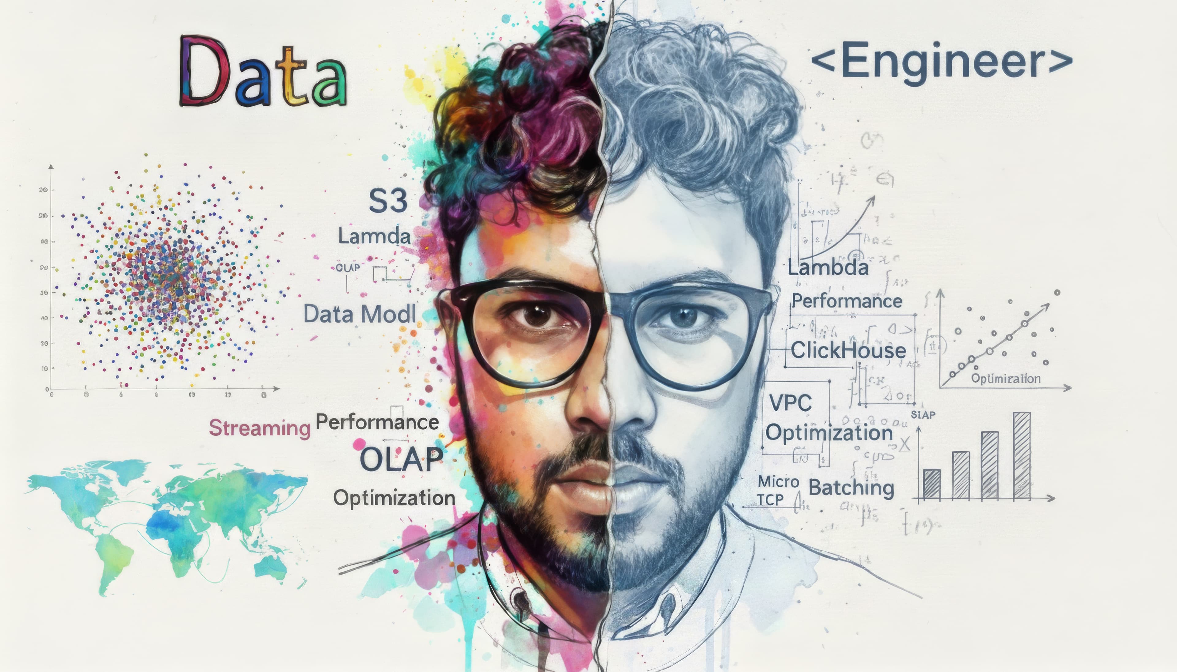 An illustrated portrait of Vikramaditya surrounded by data engineering sketches